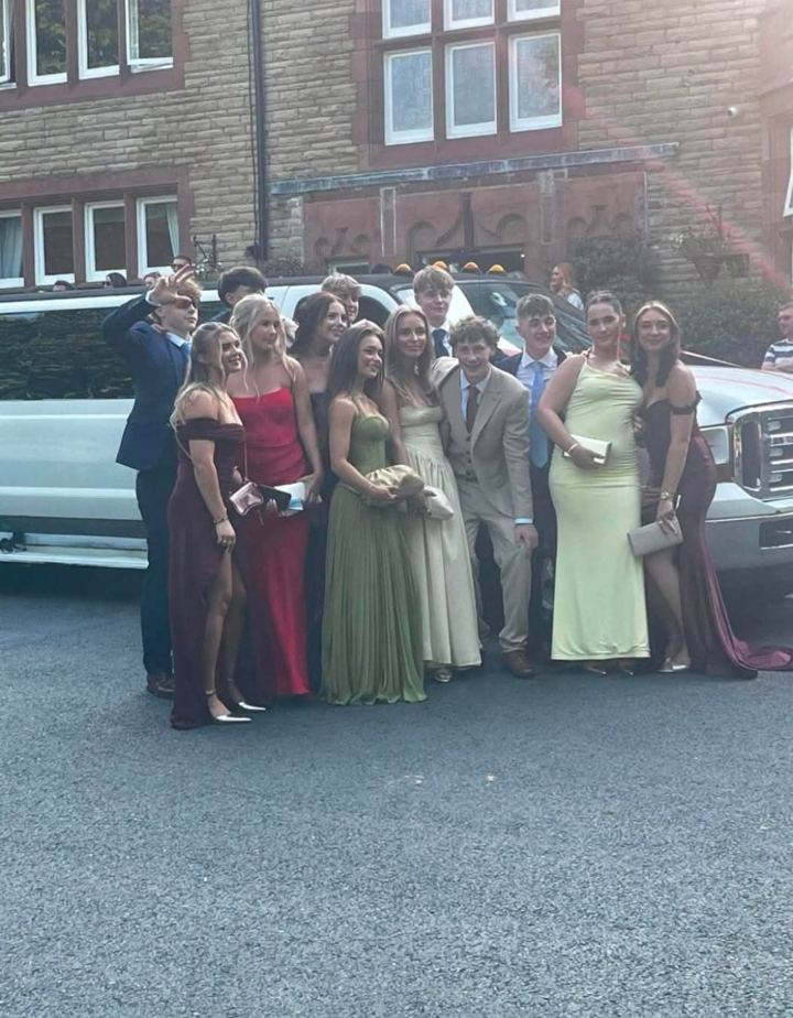 Prom group in front of a white stretch limo, Doncaster